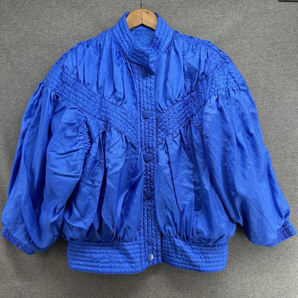 Vintage 80s Abraxas Bomber Jacket Womens Medium Royal Blue Puffy Ruched Retro